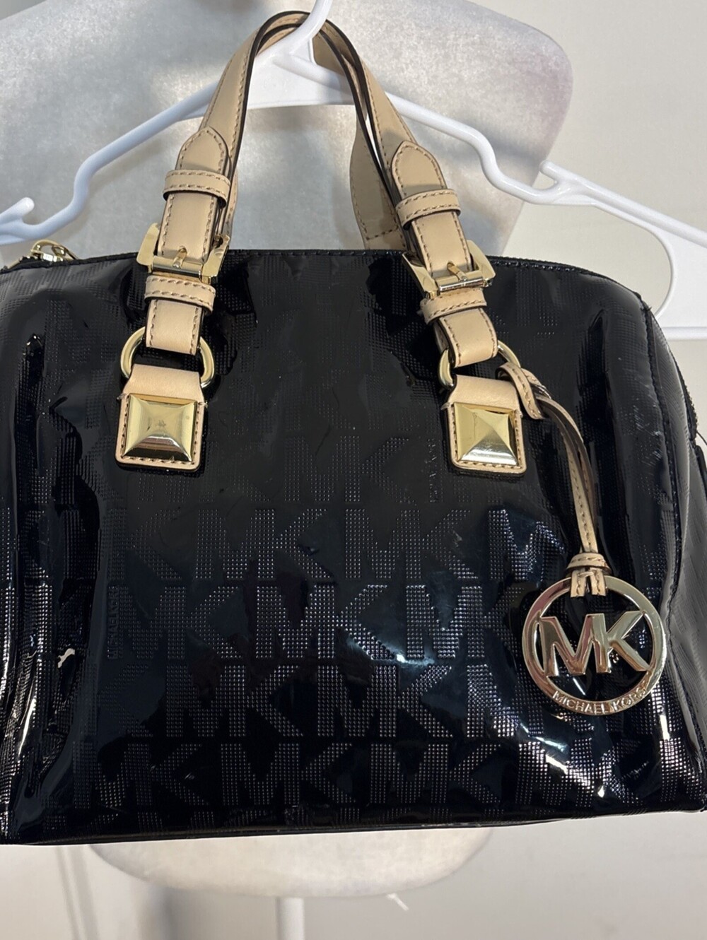 Michael Kors Grayson Satchel Bag Women Black Embossed Leather Zipper Top Handles